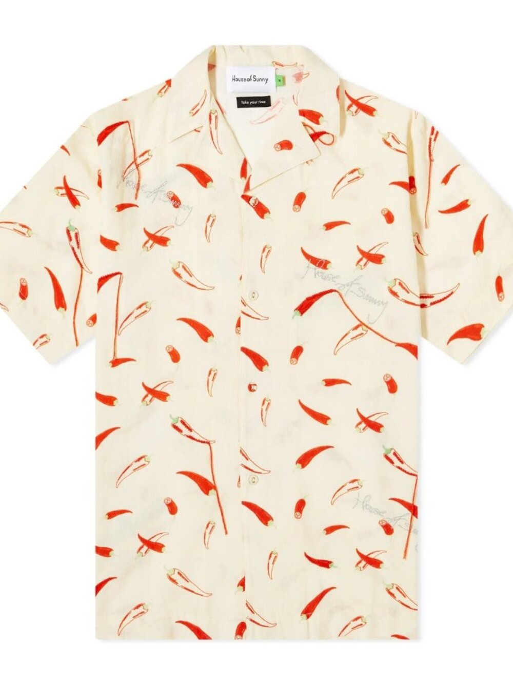 House of Sunny Cream Short-Sleeve Chili-Print Button Down Shirt